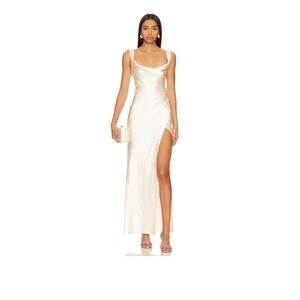 Runaway The Label Havanna Ivory Satin Cowl Neck Maxi Dress Sleeveless High Slit